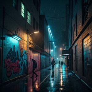 Dark, rainy alleyway at night. Brightly lit graffiti of people in different poses on the walls.