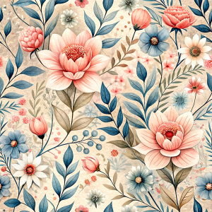 Pattern Seamless, Vector, Vintage Old Soft Colors, Pink Scale, Abstract Flowers and Leaves. white background