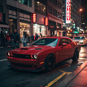 Red Dodge Challenger SRT Hellcat parked in a bustling urban street. Neon lights reflecting off the car's glossy exterior.