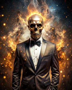 effect, photoshop action, realistic black gold skull with human body in tuxedo, fire, sparks, dust, explosion, smoke, sand, shadows, glow, glow, glare, light, slim, in style: serious, business, wise, quality xd, 