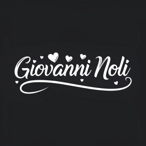 Giovanni Noli brand logo. Elegant font, black background, small heart shapes, flowing cursive style, white text, sophisticated and modern design.