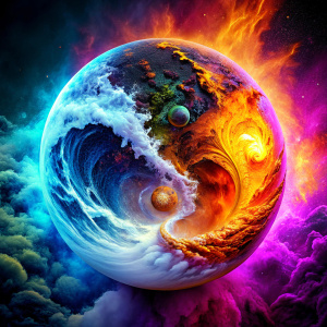 dragon vs Phoenix, earth vs rivers, sakura vs dark, contrast , fire vs water. 3-D, simmetria, like Yin and Yang, clear boundary