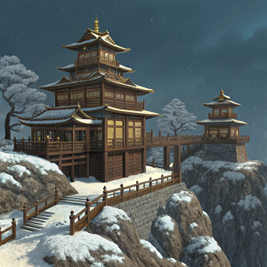 Concept art illustration for 'Throne: Kingdom at War'. Traditional East Asian style buildings with wooden materials and brown gold tones. Multi-level structures with walkways. Rocky formations with snow and small vegetation. Dark blue background.