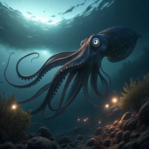Photorealistic image of a giant squid in the depths of the ocean.