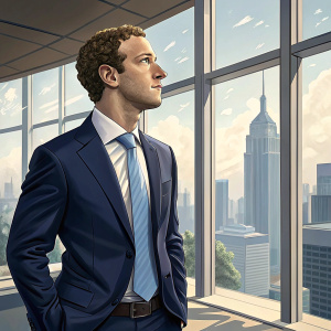 Mark Zuckerberg, CEO of Facebook, stands in a modern office. Wearing a navy blue suit and light blue tie. The background features large windows with a city skyline view.