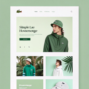 Homepage for Lacoste brand. Simple design featuring a grid layout with large product images and minimal text. Background color is light green