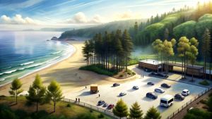 a beach combined with a partial forest with parking spots