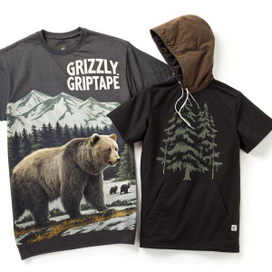 Grizzly Griptape apparel line. Hoodie and t-shirt featuring grizzly bear designs. Bold, outdoorsy look.