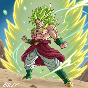 Digital art of Broly, Dragon Ball Super villain, fierce stance. Vibrant, dynamic background with energy waves. Artist signature