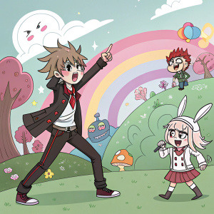 Digital illustration of Dangan Ronpa characters in an anime-inspired, whimsical cartoon setting with bold colors and dynamic poses.