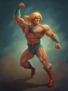 He-man [muscular], full body, action pose, by Bruce Timm.