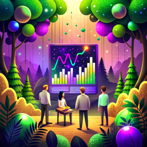 Create an illustration depicting a mystical forest where customers are gazing at a magical screen displaying a chart that visualizes the ROI of each customer. This chart reflects their journey and progress with colorful lines and symbols. It updates in real-time, showcasing the impact of marketing strategies and customer interactions.