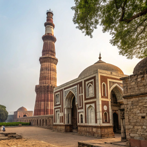 Photograph of Alai Darwaza, part of Qutub Minar complex, Delhi. Ancient architecture, intricate brickwork, detailed patterns, rich colors.