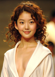 1girl, 20-year-old Korean actress Kim Yoo Jung, with brown-red medium curly hair, wearing an open white bathrobe, half body to navel: 1.2, collarbone, 45° face looking at the audience, ((turbulent)), ((perfect body proportions)), ((Full-body view: 1.5)), grin, deep shadows, Wong Kar-Wai style, <lora:DetailedEyes_xl_V2:1>, chest: 1:3, ((Ultra High Resolution: 1:2)) <lora:neg4all_bdsqlsz_xl_V7:1 >, (Super delicate face with oval seeds)), ((Beautiful eyes with long eyelashes)), ((Real quality)), ((