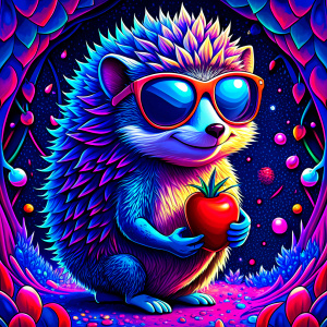  hedgehog in dark  sunglasses eat apple, walking, laughing and waving, 