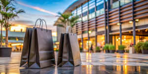 Black Friday shopping bags on the floor outdoors with the mall background
