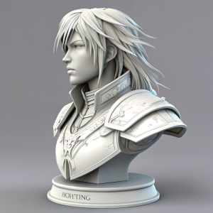 3D render of a bust featuring Lightning from Final Fantasy XIII. Detailed white outfit and hair. Gray background with base and label.