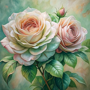 Vintage Old, Soft Colors, Oil Painting two Large Roses, Frontal View