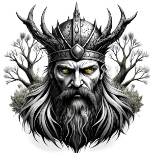 Wikinger mit zwei Gesichtern baum yggdrasil – and weapons high-definition design grey and black, realistic tattoo design, white background