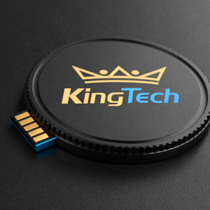 A detailed image of the KingTech logo. Black background, logo in gold and blue, minimalist design.