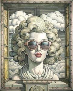 ventana, BUSTO DE esTATUA MERLIN MONROE  EN PERFIL  3d ceramica con manequi PERFIL mujer  CON GAFAS DE SOL GRANDES REDONDAS , pelo estilo barroca. by gucci . ventana grande. depicting nubes, .Geometric shapes . surrealismo