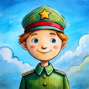 a little defender of the fatherland in military uniform smiles against the background of a clear blue sky