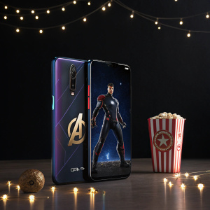 Promotional photo of Oppo F11 Pro Marvel's Avengers Limited Edition. Dark background, futuristic design, featuring a Marvel Cinematic Universe character. Film premiere setting, capturing attention for the new phone and Marvel's Avengers: Endgame release.