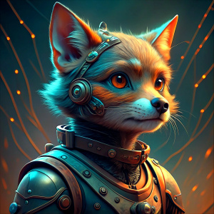 A cute fox, cyberpunk mechanical style, futuristic and warm toned