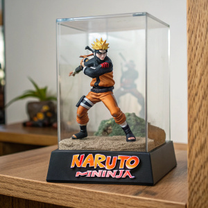 A high-quality photo featuring a Naruto Mininja figurine inside a transparent display case. The figurine stands in a battle pose, with its brand name prominently displayed beneath.