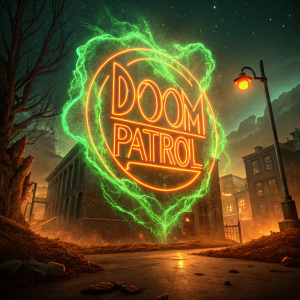 Neon orange and green hues swirl around the Doom Patrol logo. Dark, gritty background pulsates with an eerie glow