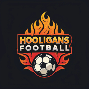 A vibrant logo for Hooligans Football. Rugged font, fiery colors against a stark black background, centered around a soccer ball. Simplistic yet striking flat illustration style.