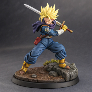 Trunks from Dragon Ball Z, in action pose, detailed figurine. Dark gray background, base included.