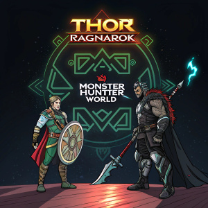 Stylized illustration of characters from Thor: Ragnarok and Monster Hunter: World. Futuristic elements and traditional design mix. Dark background with large text in center. Characters positioned around text.