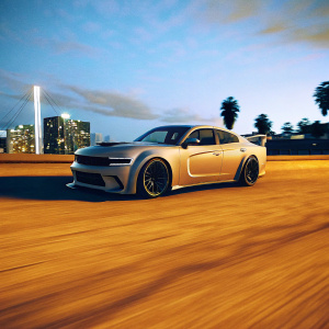 Custom silver 2021 Dodge Charger Hellcat Widebody, racing on a city street at night. Blurred neon lights and skyscrapers in background, emphasizing the car's sleek design and powerful stance.