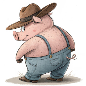 Digital illustration of a cartoon pig with a cowboy hat. Back view. Brown hat, denim-like pants, rough skin texture.