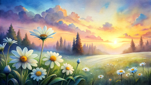 The landscape of white daisy blooms in a field, with the focus on the setting sun. The grassy meadow is blurred, creating a warm golden hour effect during sunset and sunrise time.