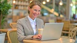 Widely smiling businesswoman working on laptop sitting in a cafe