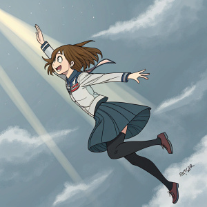Ochako Uraraka in action, flying through the sky, her hair flowing freely. Illustration style