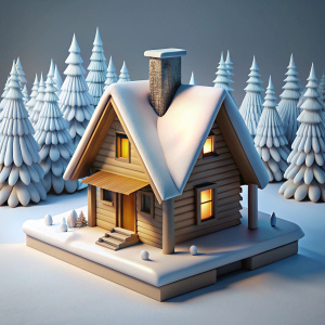 3D Render of a Scandinavian-style log cabin in a snowy forest, on isolated white background..