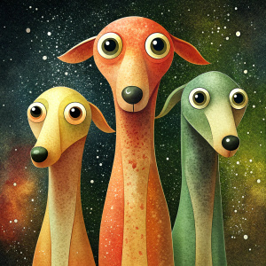 Stylized dog with elongated bodies and large, expressive eyes, standing in a row. Each of them has a different color and size.
They are artistically represented, with long, thin bodies, and large, round eyes.
One is tall yellow that stands out in the center.
Another smaller orange-red on the right.
Their eyes are disproportionately large compared to their bodies, giving them a cartoonish appearance.
The background is darkand features raindrops falling vertically