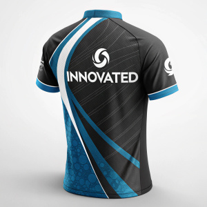 Custom eSports jersey, 'Innovated' logo in bold white font on black and blue gaming jersey. Full name customization available.