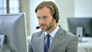 Dedicated male call center operator wearing headset working on computer in call center office.