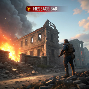 Video game screenshot. Ruined stone building, character standing amidst rubble, fiery explosion in the background, message bar at the top.