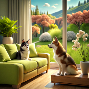 A scottish cat and siberian husky dog ​​are on the sofa of the house, watching the spring view 3d