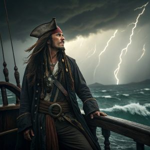 Johnny Depp as Jack Sparrow, standing on the deck of the Black Pearl. Dark, stormy sea backdrop, with rolling waves and lightning strikes in the distance.