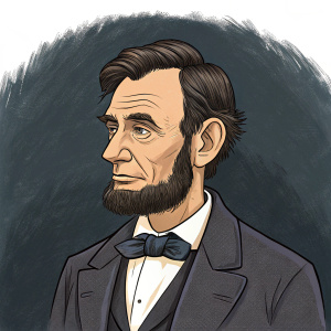 Cartoony depiction of Abraham Lincoln. Dark, shadowy background. Wears bow-tie and suit. Serious face.