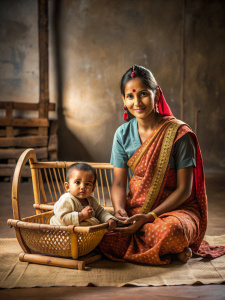 an indian mother sitting on the floor with her child in her lap and there's an empty wooden cradle lying beside them, wide shot