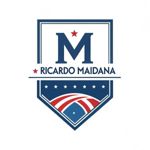 Modern logo design for Ricardo Maidana. Bold sans-serif font, stylized letter M in blue. Red accents
