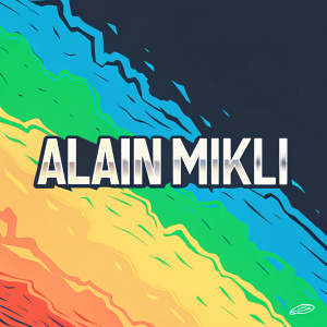 Alain Mikli logo design. The brand name 'Alain Mikli' is in bold, sans-serif font in black and white, centered on a gradient background with abstract patterns. Modern and minimalist design for high recognition.