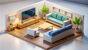 Modern living Room with wooden floor white wall background windows one big TV three sets of sofa one big table vector illustration white background